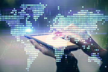 Double exposure of business theme sketch hologram and woman holding and using a mobile device.