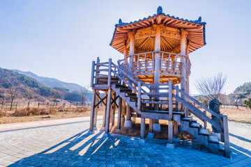 Two story wooden gazebo in a public park