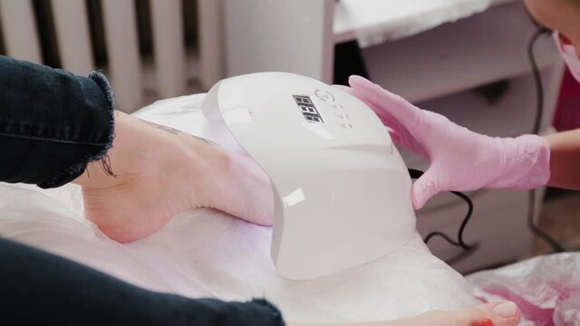 Woman is drying shellac on toes in UV lamp in beauty salon, closeup view. Pedicurist master is covering painting client's toes nails shellac on background. Professional pedicure in cosmetology clinic.