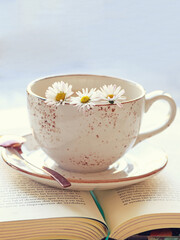 Caffee latte with flowers daisies and book. Morning concept. romantic vintage photo