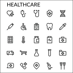 Simple Health Care Icon Set With Line Style Contain Such Icon as Medical, Heart, Medicine, Pill, Dentist, Pipette, Thermometer, Fist Aid Kit, Ambulance, Hospital and more. 48 x 48 Pixel Perfect
