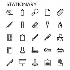 Simple Stationary Icon Set With Line Style Contain Such Icon as Tape, Marker, Search, Magnifier, Document, Paper, Paperclip, Pencil, Edit, Pin, Ruler, Glue, File, Pen and more. 48 x 48 Pixel Perfect