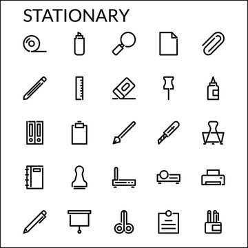 Simple Stationary Icon Set With Line Style Contain Such Icon as Tape, Marker, Search, Magnifier, Document, Paper, Paperclip, Pencil, Edit, Pin, Ruler, Glue, File, Pen and more. 48 x 48 Pixel Perfect