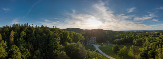Panoramic sunset drone landscapes of Externsteine Mountain in Germany