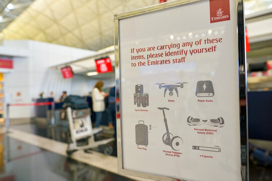 HONG KONG, CHINA - CIRCA FEBRUARY, 2019: close up shot of a plate at Emirates check-in area in Hong Kong International Airport.