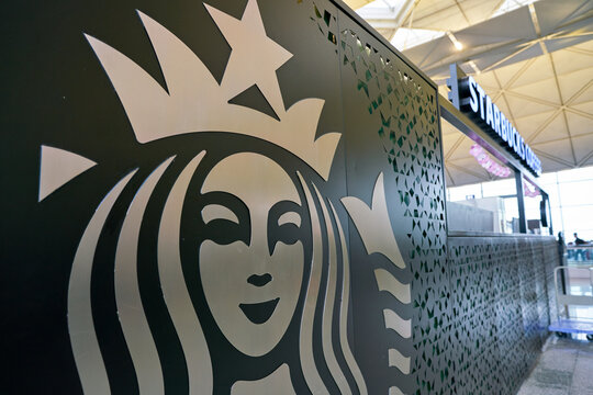 HONG KONG, CHINA - CIRCA FEBRUARY, 2019: close up shot of Starbacks sign in Hong Kong International Airport.