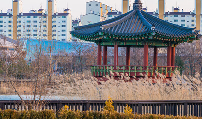 Wooden oriental pavilion in city park