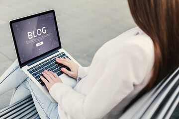 Fototapeta premium Social media influencer or blogger creating new content outdoors, collage