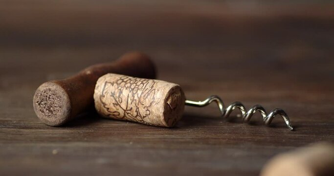 On table with a corkscrew falling corks from under wine.
