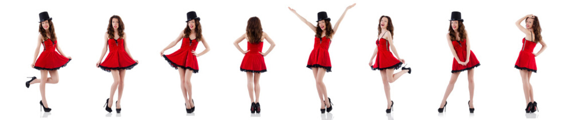 Young female model posing in red mini dress