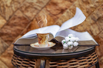 Hot Coffee And Bible Study Christian Concept