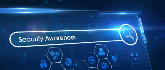 Business, Technology, Internet and network concept. Young girl holding a sign with an inscription Security Awareness.