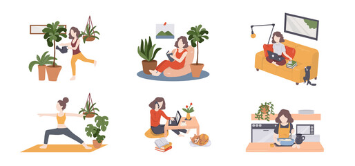 Quarantine, stay at home - people in their home, room or apartment, practicing yoga, work or learn from home, enjoying meditation, relaxing, reading books, baking and spa yourself. vector illustration
