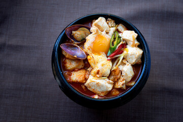 Korean spicy silken tofu stew with seafood