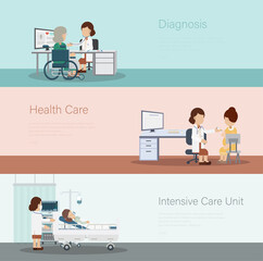 Set of medical banners with doctors and patients flat design vector illustration