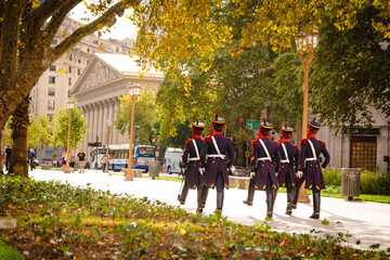 Buenos Aires, Argentina. Year 2020: Grenadier regiment marching in Plaza de Mayo. Traditional soldiers, security protocol of the president. Farmers regiment on horseback, traditional uniform. Homeland