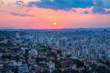 Naklejka na ściany i meble Panoramic Aerial View of Belo Horizonte City Skyline During Sunset in Minas Gerais State, Brazil