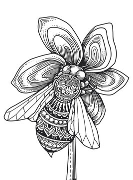 Bee Mandala Coloring Page. T-shirt Print.