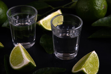 Brazilian cachaca in dark fume with lemons and salt