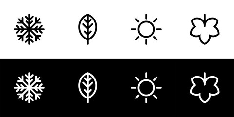 Four seasons icon set. Flat design symbol collection isolated on black and white background. Winter, spring, summer, and autumn.