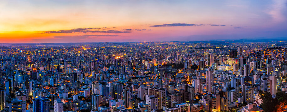 Panoramic Cityscape View During Colorful Sunset From Water Tank Lookout in Belo Horizonte, Minas Gerais State, Brazil