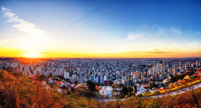 Panoramic Cityscape View During Colorful Sunset From Water Tank Lookout in Belo Horizonte, Minas Gerais State, Brazil