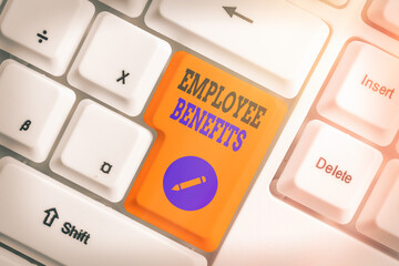 Word writing text Employee Benefits. Business photo showcasing form of compensation paid by...
