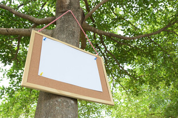 white paper post blank text message note on notice board hanging on tree in garden