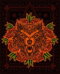 illustration vector wolf head mandala tribal style with engraving vintage.