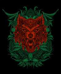 illustration vector wolf head mandala tribal style with engraving vintage.