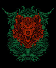 Fototapeta premium illustration vector wolf head mandala tribal style with engraving vintage.