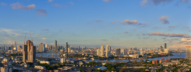 bangkok panorama cityscape view of chaopraya river and blue sky