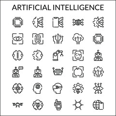 Simple Artificial Intelligence Line Style Contain Such Icon as Brain, Gear, Internet, Modern, Facial Recognition, Robots, Robotic, Mechanics, Biometric, Fingerprint   and more. 64 x 64 Pixel Perfect