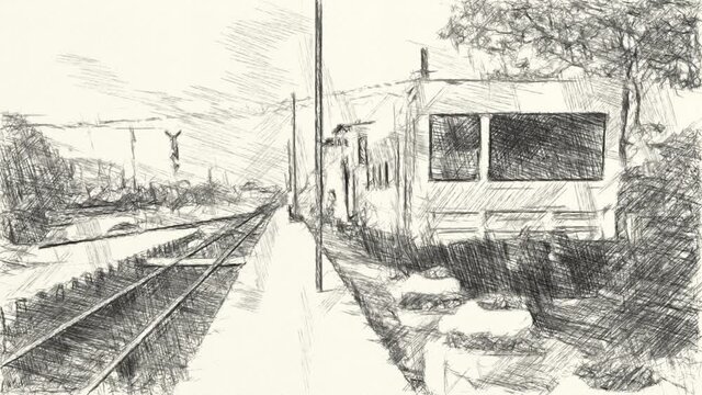 art drawing black and white of train station background