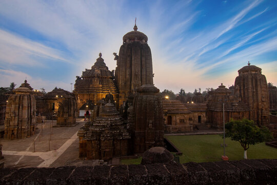 11th Century AD Lingaraja Hindu Temple . Ornately carved buildings inside a walled compound. Bhubaneswar, Odisha, India.