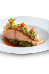 Steamed tuna is served with mashed potatoes, caviar, celery, parsley, garnish, sliced cucumbers, and fish sauce, isolated on white.