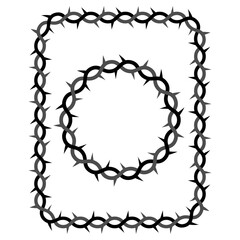 Spiked wicker circle frame and rectangle isolated. Crown of thorns