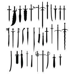 Set Of Black Collection Swords Silhouette For War Blade Vector