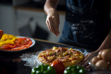 close-up of human hands in the apron knead the dough on a black wooden table, sprinkle with...