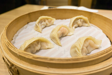 Closed up shrimp Dim Sum in basket at Taiwan