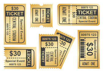 Set of ticket golden vector, cinema theater admit one coupon, design illustration, vector emblem sign isolated templates movie premiere
