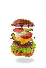 Delicious burger with flying ingredients isolated on white background. Food levitation concept.