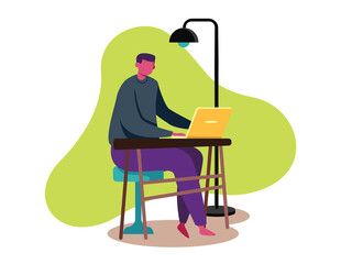 Work From Home, Young Man Freelancer Working With a Laptop, Minimalist Flat Illustration