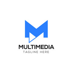 Letter M line with play button logo design. Linear creative minimal monochrome monogram symbol. Universal elegant vector sign design. 