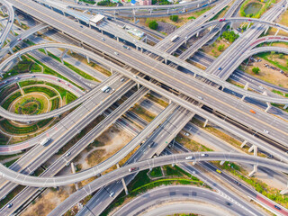 Aerial view city transport curve return road with car