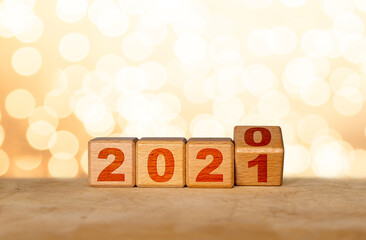 Happy New Year 2021 With Wood Cube Blocks and Copy Space