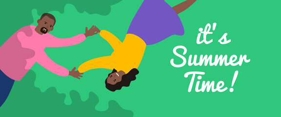 it's summer time happy african american couple lying on grass and holding hands  top view vector 