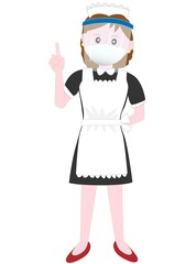 新型コロナウイルスの感染予防のフェイスシールドをつけて仕事をしているメイドのポーズ。