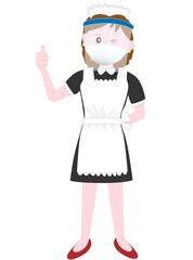 新型コロナウイルスの感染予防のフェイスシールドをつけて仕事をしているメイドのポーズ。