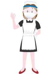 新型コロナウイルスの感染予防のフェイスシールドをつけて仕事をしているメイドのポーズ。
